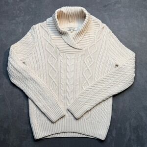 Vtg Wainscott Sweater Cream Cable Knit Shawl Collar Cotton Womens M Fisherman